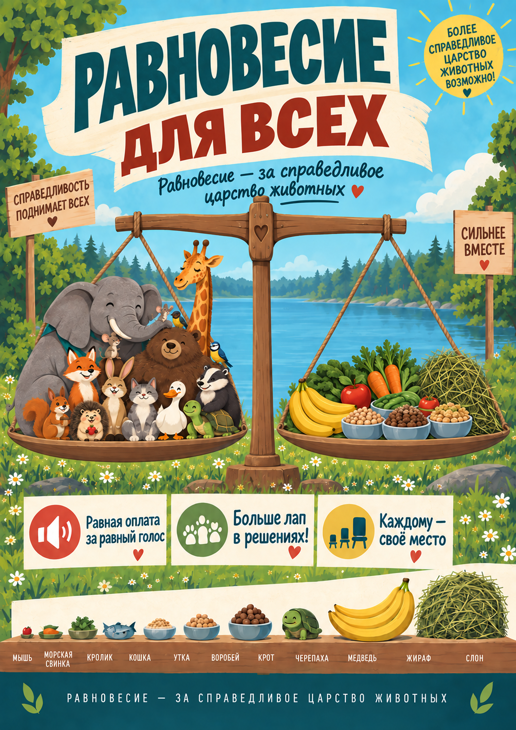 Афиша с весами, животными и подходящими порциями еды.